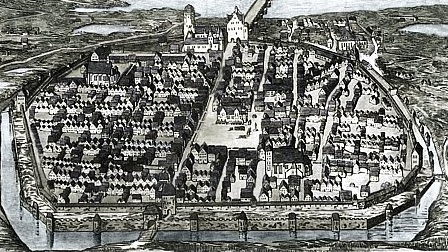 Modell der mittelalterlichen Stadt Dresden vor 1550, Ansicht von Süden mit Stadtmauer, Altmarkt, Kreuzkirche und Elbbrücke